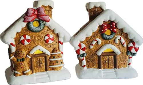 khevga Weihnachtsdekoration Lebkuchenhaus aus Terracotta - LED Timer im 2er Set