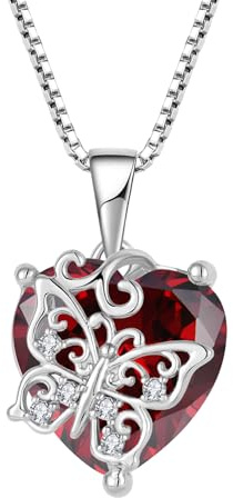 FJ Collar Mariposa Corazón Plata de Ley 925 Colgante Granate Collar Enero Piedra de Nacimiento Joyas Regalos para Mujer