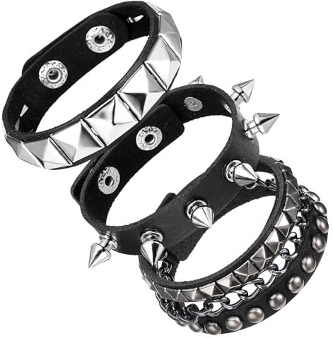 Telooco 3 Stück Punk Nietenarmband Schwarz Leder Armband mit Nieten Verstellbare Halloween Nietenmanschette Rock Punk Armbänder Gothic Lederarmbänder mit Metallnieten für Männer Frauen