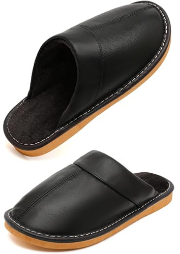 Kiemorgy Slippers for Women Men, Genuine Leather Slippers Indoor Outdoor, Fuzzy Bedroom House Shoes for Women Men, Plush Lining Black Womens Sandals Slip-on PT01-black3940