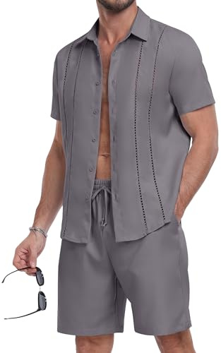 MLANM Men's Casual Polo Shirt & Shorts Tracksuit Summer Beach Outfits Suits 2 Pieces Set Vacation Suits for Men Polo Shirt Button Down Shirts Tracksuit Lapel Activewear Sweatsuits Dark Grey L