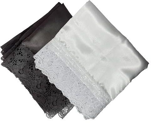 2pc 26'' lap scarf silk feeling fabric lap scarves with lace trims lap handkerchief lap covers lap skirts for women in church (black+white)