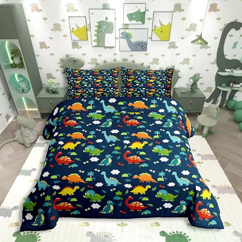 Homewish Biancheria da letto con dinosauro, 135 x 200 cm, per bambini, motivo dinosauro, con foglie tropicali, copripiumino per ragazze e ragazzi, in microfibra, con 1 federa (blu scuro, giallo