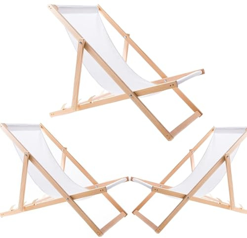 WOODOK Liegestuhl Klappbar - Gartenliege Klappbar bis 120kg, Sonnenliege aus Buchenholz ohne Armlehne (3X Weiß)
