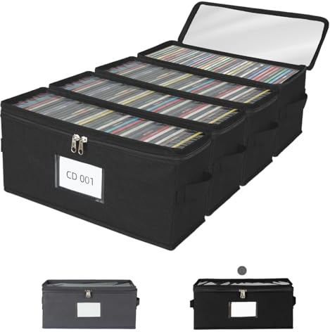 ComfortKeeper 4 Pack Fabric CD Storage Box with Clear PVC Lid, Holds 35 Standard CD Cases, Zipper Closure for Dust Protection, Portable CD Organizer for Music Collection, Black