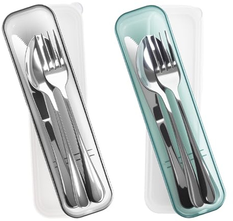 Mnsconkl Set di stoviglie da campeggio per 2 persone, posate da viaggio in acciaio inox con custodia, cucchiaio, forchetta, coltello, posate da campeggio per viaggi, attività （Nero Verde）