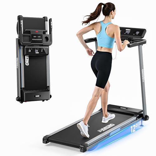 ONETWOFIT Cinta de Correr Plegable, Profesional Walking Pad Inclinación Caminadora Electrica con Pantalla LCD y App, Cinta Andar para Hogar/Oficina