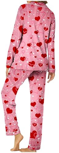 Generico Pigiami Donna Fuanna,Set Pigiama da Donna 2 Pezzi con Stampa per San Valentino Pigiama da Donna con Bottoni Manica Lunga Abbigliamento da Casa Pigiama Primaverile