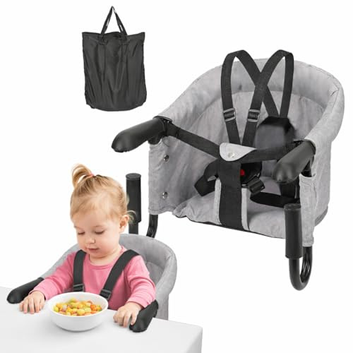 Monucep Klappbarer Babytischsitz mit Verstärkter Klemme (Grau) – Tragbar, inkl. Aufbewahrungstasche & Waschbar – bis 18 kg – aus Leinen
