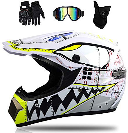 MRDEAR Weißer Hai - Motorradhelm Cross Helme Motocross Helm Crosshelm Schutzhelm Kinder für Motorrad Crossbike Off Road Enduro Sport mit Brille Handschuhe und Sturmmaske,L