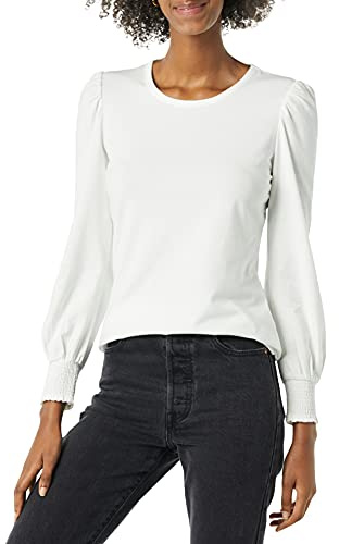 Amazon Essentials Women's Long-Sleeve Crewneck Smocked Cuff T-Shirt, White, XL