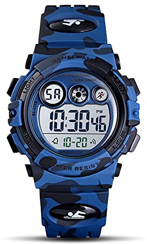 GOLDEN HOUR Watches for Kids Digital Sport Waterproof Boys Watch Outdoor 12/24 H Alarm EL Backlight Stopwatch Military Child Wristwatch Ages 3-15 (Camouflage Dark Blue)