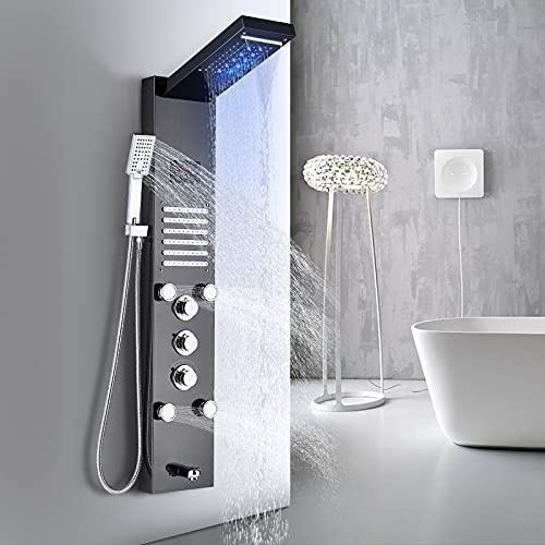 TVTIUO colonna doccia idromassaggio LED in Acciaio Inossidabile,colonna doccia con 5 Funzioni Pannello miscelatore e Display LCD,Nero
