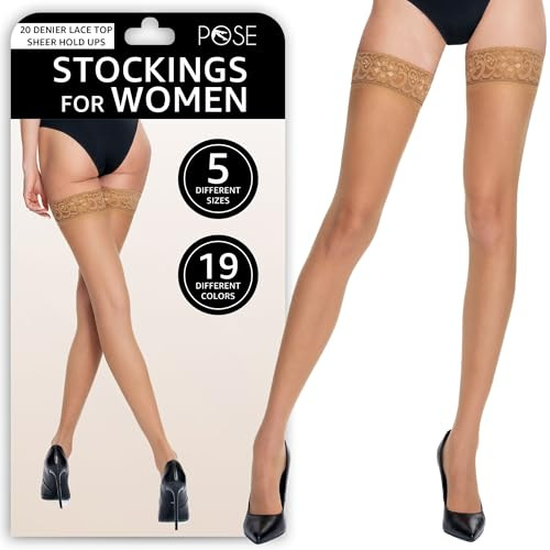 POSE 20 Denier Lace Top Sheer Hold Ups Stockings with Narrow Lace and Anti-skid Silicone, 3, beige