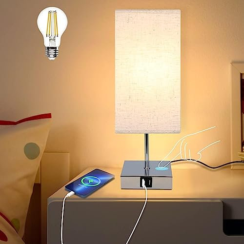 GBLY Lámpara de noche táctil regulable con función de carga – Diseño moderno lámpara de mesa con puertos USB, lámpara de cama para dormitorio con pantalla de tela, lámpara de mesa E27 para hotel,