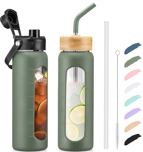 Kodrine 24oz Glass Water Bottle with Straw and 2 Lids, Olive
