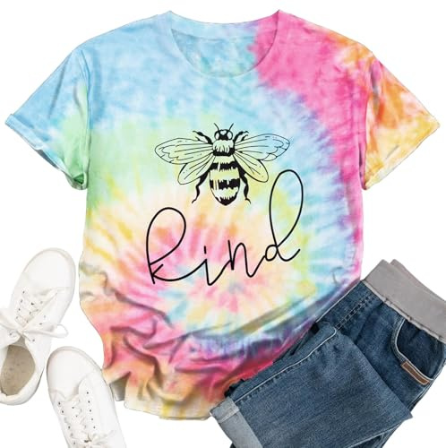 hohololo Bee Kind T-Shirt Tie Dye Shirt Women Funny Inspirational Tshirts S-XXL