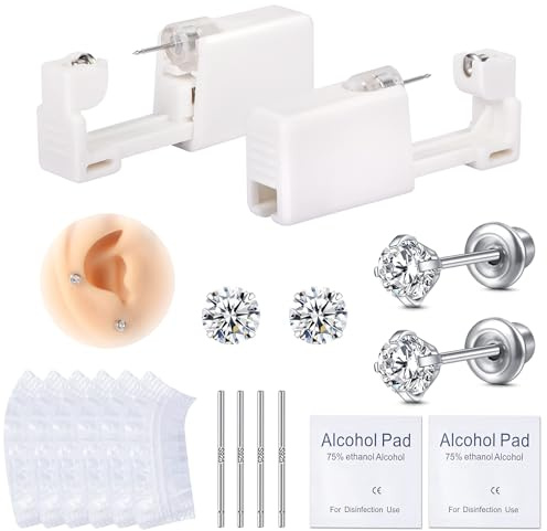 AVYRING Kit de 14 piercings d'oreilles jetables avec clous – Livré avec un bâton d'oreille en argent sterling, ensemble complet pour un perçage d'oreille sûr et facile à la maison, pistolet de
