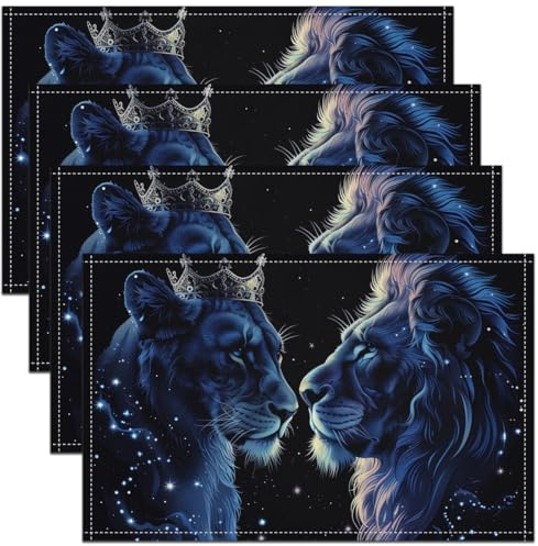 Erosebridal Lion Place Mats,Wild Animals Placemats for Kids Boys Girls,Blue Galaxy Table Mats,Grey Blue Lion Waterproof Placemats Set of 4 12x18 for Indoor Outdoor Home Party Decor