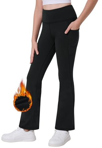 Desol Leggings termici a campana da ragazza con tasche, leggings termici da ragazza, pantaloni sportivi per bambini, ideali per ginnastica e jogging, Nero , 7-8 Anni
