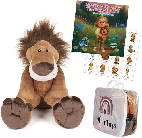 MuirToys Billy the Brave Lion Gift Set 5 lb (2.3 kg) Weighted Stuffed Animal with Storybook, Stickers & Bag | Calming Sensory Animal for Anxiety, Autism and Sleep Support