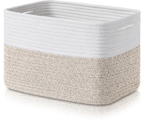 Homsorout Cotton Rope Storage Baskets - Bathroom Woven Shelf Basket with Handles Blanket Organiser for Living Room Decorative Bins for Laundry, Towel (Brown White 1 Pack)