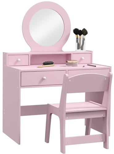 AIYAPLAY Kids Dressing Table with Mirror and Stool, Kids Vanity Table Make up Set with Storage Drawers Gift for Aged 3–8 Years Old - Pink