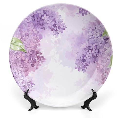 GHBNK Ceramic Decorative Plate Lilac Flowers in Blossom Bone China Decorative Plates with Display Stand Personalized Porcelain Plate Ceramic Ornaments for Wall Hanging Decoration 7inch