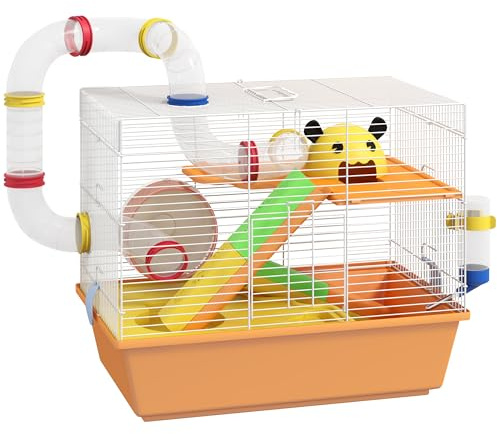 PawHut Hamster Cage, 3 Tiers Gerbil Cage for Dwarf Hamsters with Tubes, Ladder