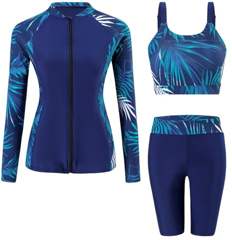 Ausing Costume da bagno a 3 pezzi, da donna, protezione solare, set rashguard a maniche lunghe + pantaloncini+Tankini Surf Beach, blu, M