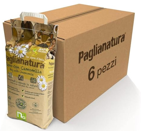Paglianatura Kit de 6 Sacs de Foin Naturel 1300 g + Camomille — Nourriture pour Lapins, cobayes et rongeurs — Riche en Fibres, calmante et Digestive