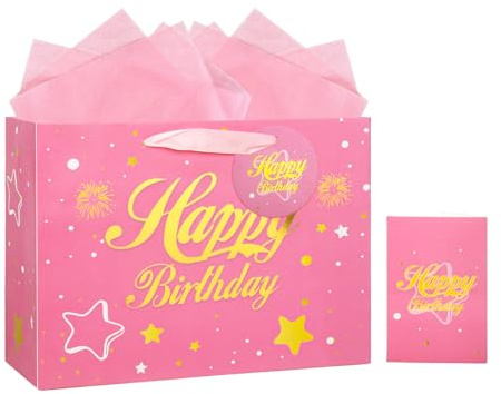 Pink Birthday Gift Bag for Women Girls Medium Happy Birthday Gift Bags with Tissue Paper Greeting Card and Gift Tag 30× 22× 12 cm