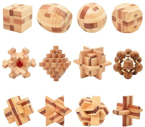 Surplex Juego de 12 Juegos de Madera 3D Premium, Rompecabezas IQ y Juegos de lógica para Adultos y niños, Juego de Paciencia, Juego de Habilidad, Juguete Educativo de Madera
