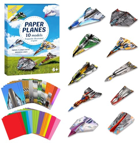 Hapray Origami Set for Kids 6-12, 60-Sheet Paper Aeroplane Kit | 30 Printed and 30 Solid-Colour Sheets for 10 Paper Planes, with Paper Airplane Book, QR Video Tutorials and Gift-Ready Box