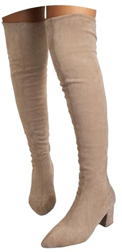Xbemkste Women's Overknee Boots with Heel, Elegant Long Shaft Boots, Knee High Boots, High Slip-On Boots, Suede Block Heel, Stretch Boots, Winter Boots, Easy to Put On, beige, 5.5 UK