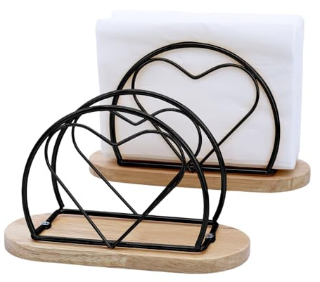 Piuluvor® 2 Stück Serviettenhalter Schwarz, Serviettenständer aus Metall und Holz, Herzförmiger Napkin Holder für Haus Küche Restaurant Cafés