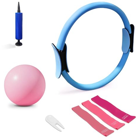 Pilates Ring Set, 40 cm Magic Circle, 9 inch Exercise Ball, 3 Resistance Bands (10/20/30 lbs), Home and Travel Pilates Equipment Kit for Toning, Strength & Flexibility (Blue)