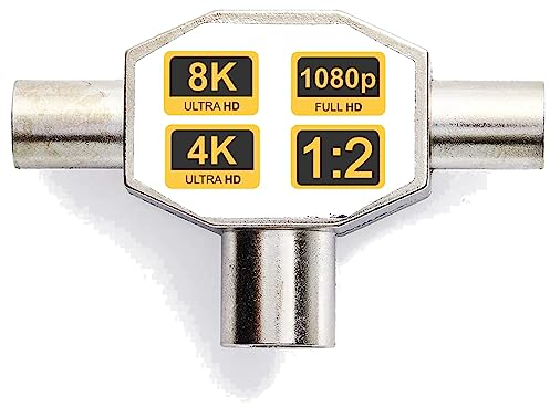 TronicXL Antennenverteiler Koax Geschirmtes Metallgehäuse T Koaxweiche Koax Zweigeräte Verteiler TV Splitter 2fach DVBC Koaxial Fernsehen Radio Koaxialverteiler Kabelfernsehen UHD Kupplung Stecker