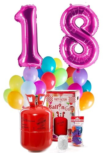 PARTY FACTORY Helium Geburtstags-Komplettset 18 - mit XXL Zahlenballons, 0,4m³ Ballongas, Ballonschnur & 30 bunten Latexballons - für Geburtstag, Jubiläum, Jahrestag in verschiedenen Farben (Pink)