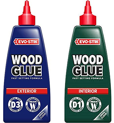 EVO-STIK Wood Glue Exterior, Weatherproof, Extra Strong, Fast Setting, Dries Clear, 500ml & EVO-STIK Wood Glue - Interior, Extra Strong, Fast Setting, Suitable For All Wood Types, Dries Clear, 500ml