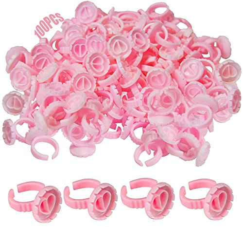 Glue Rings for Eyelash Extensions, 100Pcs Flower Shaped Plastic Lash Glue Rings with 2Pcs Spoolies for Lash Extensions, Pigment Rings, Makeup Glue Holder Rings, Lash Blossom Cup for Eyelashes Supplies