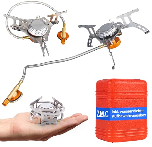 Z.M.C Mini Campingkocher, transportabler Kartuschenkocher, Gaskocher aus rostfreiem Stahl mit Aufbewahrungsbox, 3700W, Verbrauch 213g/h Piezo-Zündung