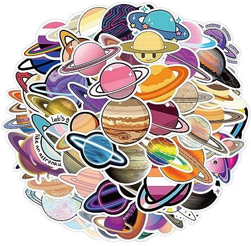 Amaxiu 50pcs Universe Planets Stickers, Waterproof Outer Space Planets Stickers Cartoon Vinyl Space Planets Decals Self Adhesive Solar System Stickers for Watter Bottles, Laptop, Skateboard, Guitar