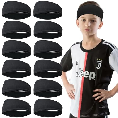 JOYOYO 12Pcs Men Headbands Breathable Athletic Sweatbands Soccer Game Sports Headband Moisture Wicking Elastic Hairband for Team Children and Teenagers,Black