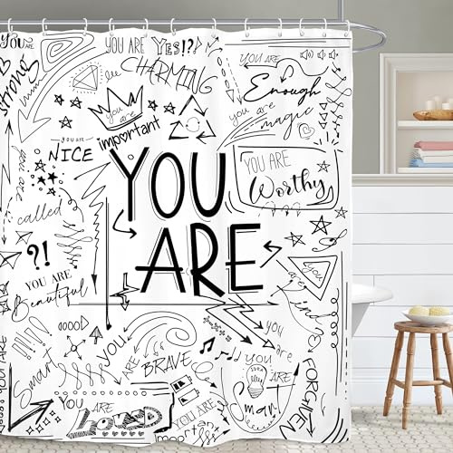 Yookeb Kids Quotes Inspirational Bathroom Shower Curtain 60W by 71H Inch Motivational Positive You are Black White Child Student Accessory Polyester Fabric 12 Plastic Hooks Waterproof Decor