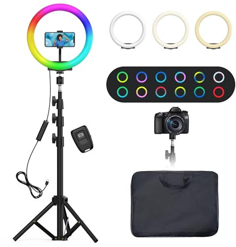 Aro De Luz con Tripode Alto - QIUOIO Anillo De Luz LED 10.2'' para Movil con 35 Modos RGB - Ring Light 3 Efectos de Iluminación y 10 Brillo Ajustable - Se Pueden Usar para Disparos TikTok Twich Live