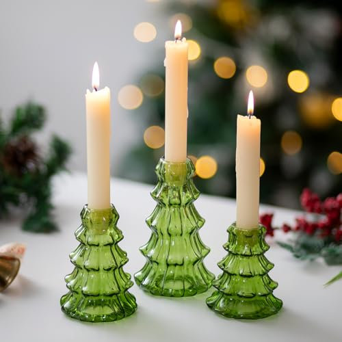 Glasseam Weihnachten Kerzenständer Stabkerzen Glas: 3er Set Kerzenhalter Stabkerze Grün Stabkerzenhalter Weihnachtsbaum Kerzen Ständer für Weihnachtsdeko Tisch Esstisch Party Geschenk Adventsgesteck