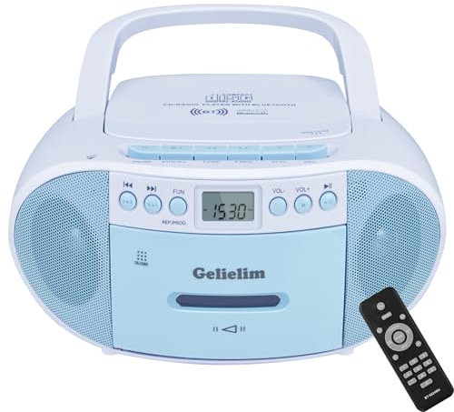 Gelielim Boombox CD and Cassette Player Combo, Boom Box Portable CD Players for Home with Bluetooth, AM FM Radio, Support Remote Control/AUX/USB/Earphone, LCD Display (Blue)