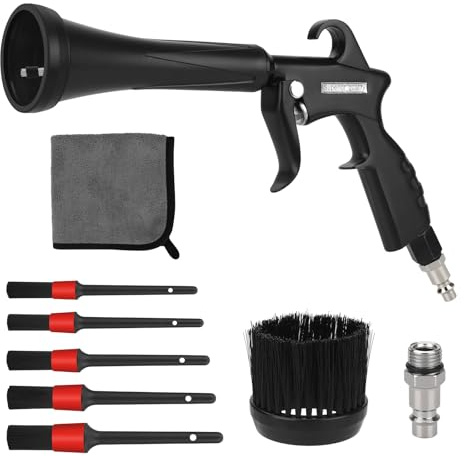 MYPIN Pistolet de nettoyage pour voiture, Soufflette à air sec 8-12Bar, Pistolet à air comprimé haute pression, Nettoyage intérieur de voiture avec 2 buses, 5 brosses pour moquette, tableau de bord