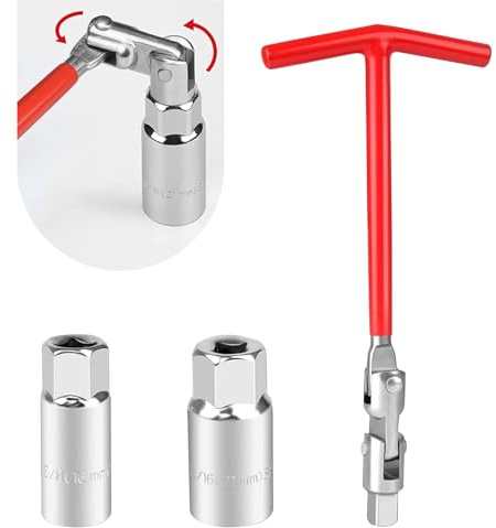 Anyhut 3 PCS Car Spark Plug Socket Set with 5/8 16 MM & 13/16 21 MM Spark Plug Socket, T-Handle Universal Joint 360 Degree Rotation, Removal Tool Spark Plug Wrench, Universal for Cars (Red)